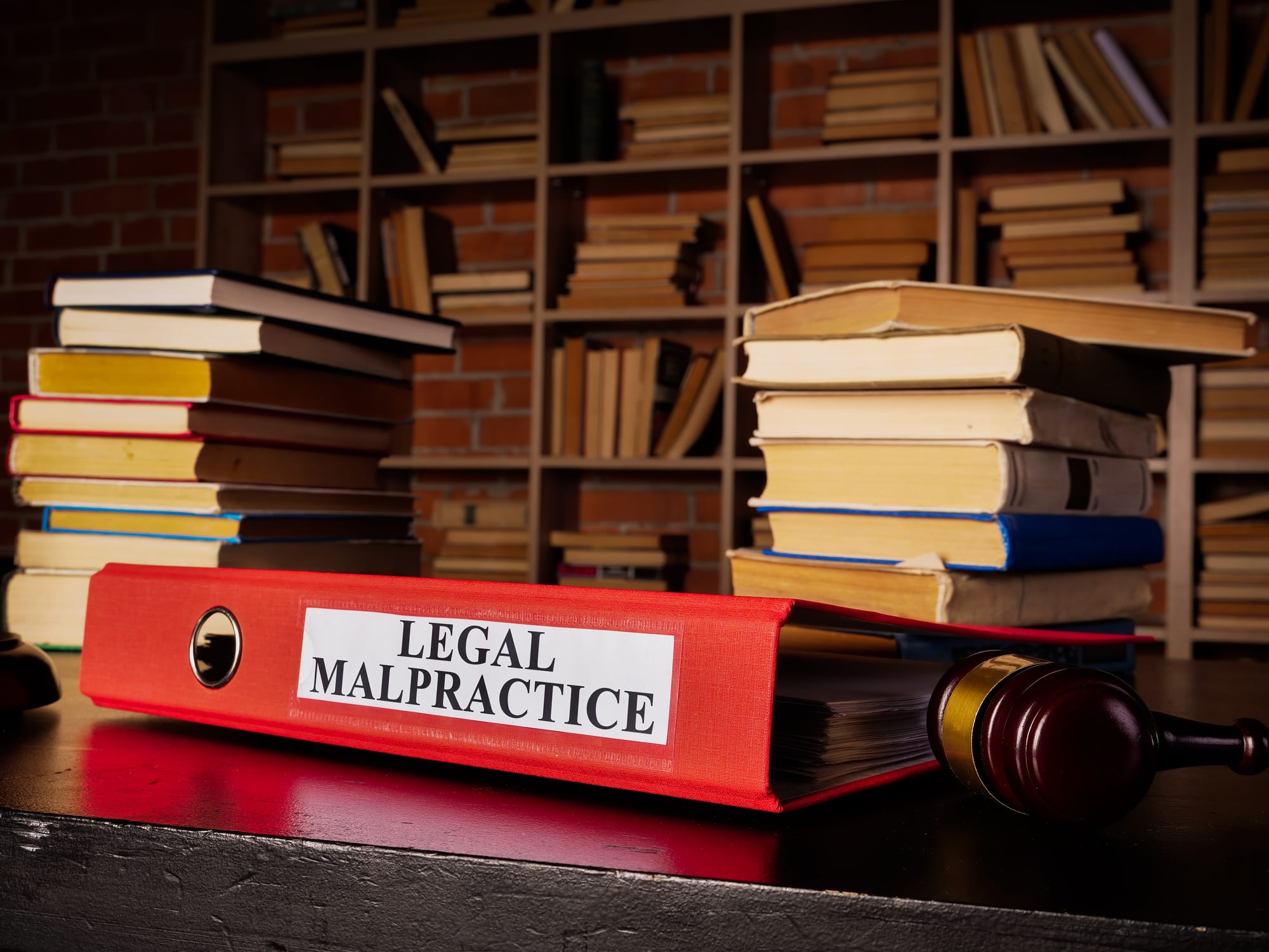 A desk with a gavel, stacks of books, and a red binder labeled “LEGAL MALPRACTICE.” In the background is a bookshelf.